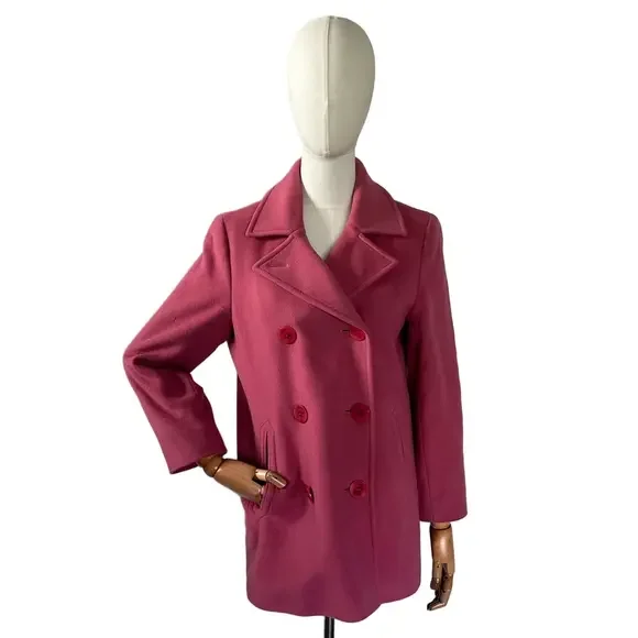 LL Bean Pink Wool Pea Coat Nautical Anchor Buttons Preppy Jacket Size 6 - Picture 6 of 16